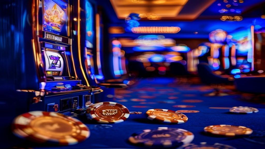WooHoo9 casino floor at night with glowing pokies and gold chips