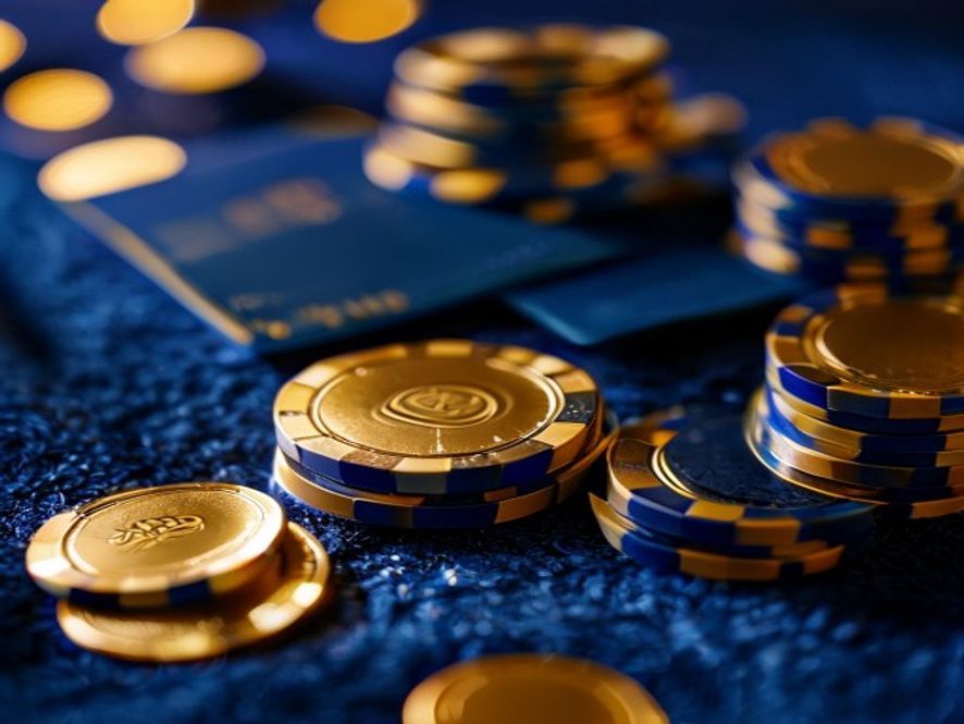 Golden casino chips and bank card arranged on navy felt