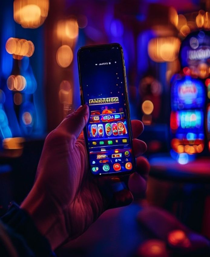 Hand holding a smartphone streaming colourful Woohoo9 pokies in a lounge